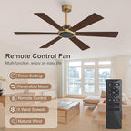 WINGBO 60 Inch Ceiling Fan without Light - 6 Plywood Blades, 6-Speed Reversible DC Motor, Noiseless Remote Control Ceiling Fan No Light for Bedroom Living Room Kitchen, Gold and Walnut/Black