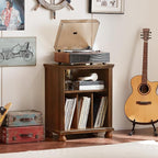Joaxswe Record Player Stand with Charging Station Up to 200 Albums, 24" Wide Mid-Century Record Player Table with Vinyl Record Storage,Large Wood Turntable Stand Dispaly Cabinet for Living Room,Brown
