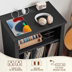 Joaxswe Record Player Stand with Charging Station Up to 200 Albums, 24" Wide Mid-Century Record Player Table with Vinyl Record Storage,Large Wood Turntable Stand Dispaly Cabinet for Living Room,Black