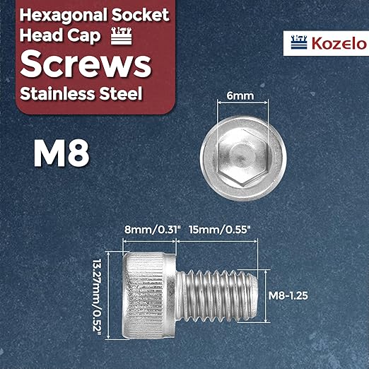Kozelo 20pcs Socket Head Cap Screws - [M8-1.25 x 14mm] 304 Stainless Steel Allen Socket Drive for Electrical Motor 3D Printing Fan Engine Replacement Use, Silver