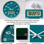 TIMESS Wall Clock, 14" Large Dial Non-Ticking Silent Battery Operated Analog with LCD Display for Perpetual Calendar and F° Temperature, Ideal Modern Home, Bedroom, Kitchen, Office Decor(Green)