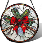 DASTOLL Stained Glass Window Hanging - Pine Branches Red Bow Suncatcher for Doors Home Christmas Decoration Silver Sun Catcher Thanksgiving New Year Birthday Gifts for Women Men Mom Nana 15 in