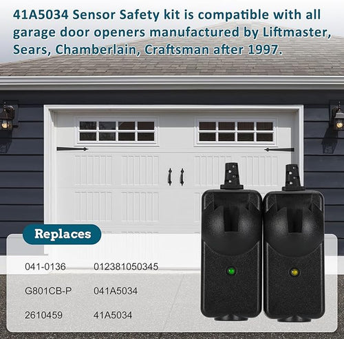 2025 Upgrade 41A5034 Safety Sensor Kit Compatible with Liftmaster Chamberlain Sears Craftsman Garage Door Opener Made After 1997, Replace G801CB-P (10 Years Warranty)