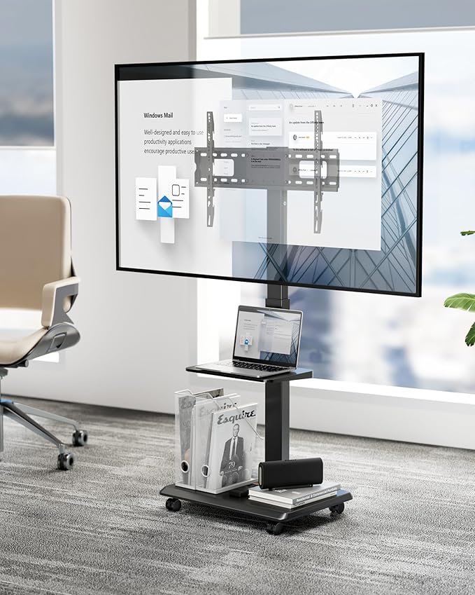ECOTINY Steel Base Rolling TV Stand with Power Outlet for 32-75 inch TVs up to 110 lbs, Leveling & Tilt & Swivel Mobile TV Stand with Hidden Wire Management, Height Adjustable Portable Tv Stand, Black