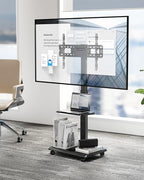 ECOTINY Steel Base Rolling TV Stand with Power Outlet for 32-75 inch TVs up to 110 lbs, Leveling & Tilt & Swivel Mobile TV Stand with Hidden Wire Management, Height Adjustable Portable Tv Stand, Black