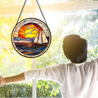 DASTOLL Stained Glass Window Hanging, Sun Ocean Sailboat Seagull Abstract Suncatcher Diamond Glass Panel Sun Catchers Decor for Birthday for Women, Men, Wife, Aunt, and Mom 6.3 in