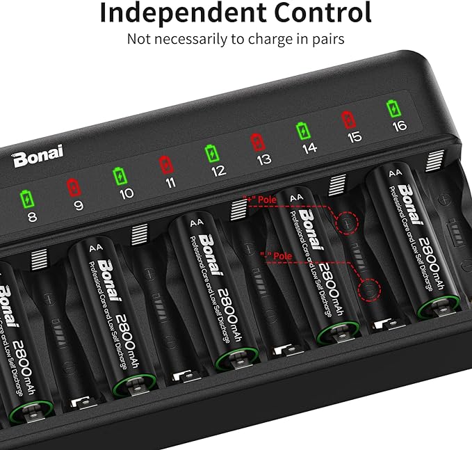 BONAI AA AAA Battery Charger 16 Bay for NiMH Rechargeable Batteries Independent Control with LED Light and Standard American AC Charging Plug, Battery not Included - Black
