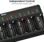 BONAI AA AAA Battery Charger 16 Bay for NiMH Rechargeable Batteries Independent Control with LED Light and Standard American AC Charging Plug, Battery not Included - Black
