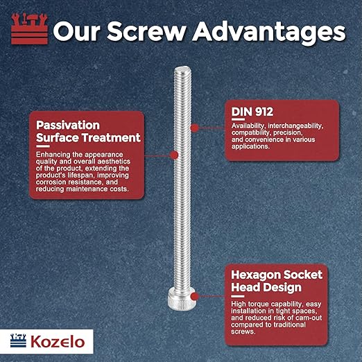 Kozelo 6pcs Socket Head Cap Screws - [M5-0.8 x 75mm] 304 Stainless Steel Allen Socket Drive for Electrical Motor 3D Printing Fan Engine Replacement Use, Silver