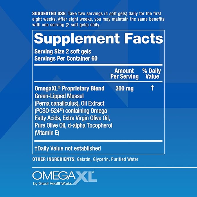 OmegaXL Joint Support Supplement - Natural Muscle Support, Green Lipped Mussel Oil, Soft Gel Pills, Drug-Free, 60 Count (2 Pack)
