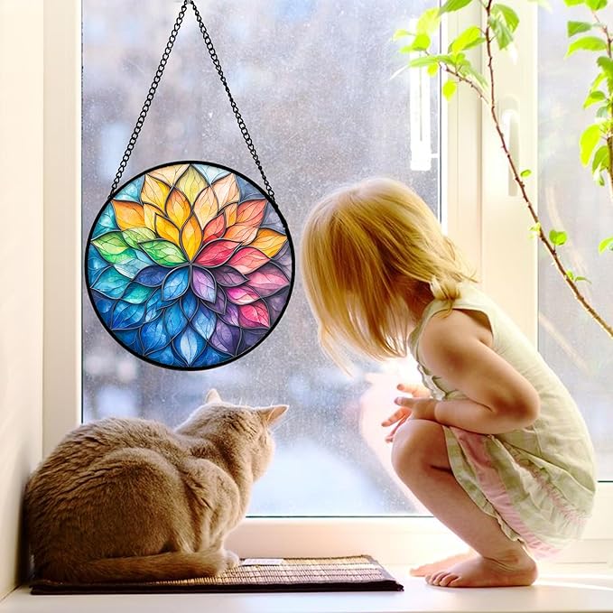 DASTOLL Stained Glass Window Hanging, Colorful Flower Petals Sun Catchers Diamond Glass Panel Hangings Suncatcher Decor for Birthday for Women, Men, Wife, Aunt, and Mom 6.3 in