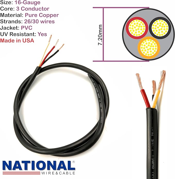 NATIONAL Wire & Cable – 16 AWG 3-Conductor Premium Copper Wire, 250 ft, Stranded | Made in USA, Heavy-Duty Flexible Jacket | LED, Lights, DIY Projects, Low Voltage Wiring, Indoor and Outdoor Use