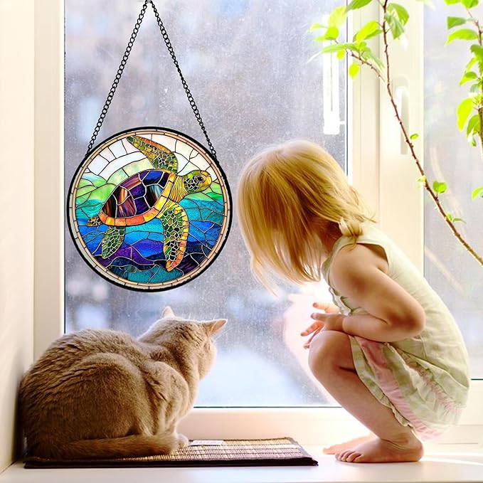 DASTOLL Stained Glass Window Hanging, Colored Turtle Ocean Suncatcher Diamond Glass Panel Hangings Marine Life Sun Catchers Decor for Birthday for Women, Men, Wife, Aunt, Mom 7.8 in