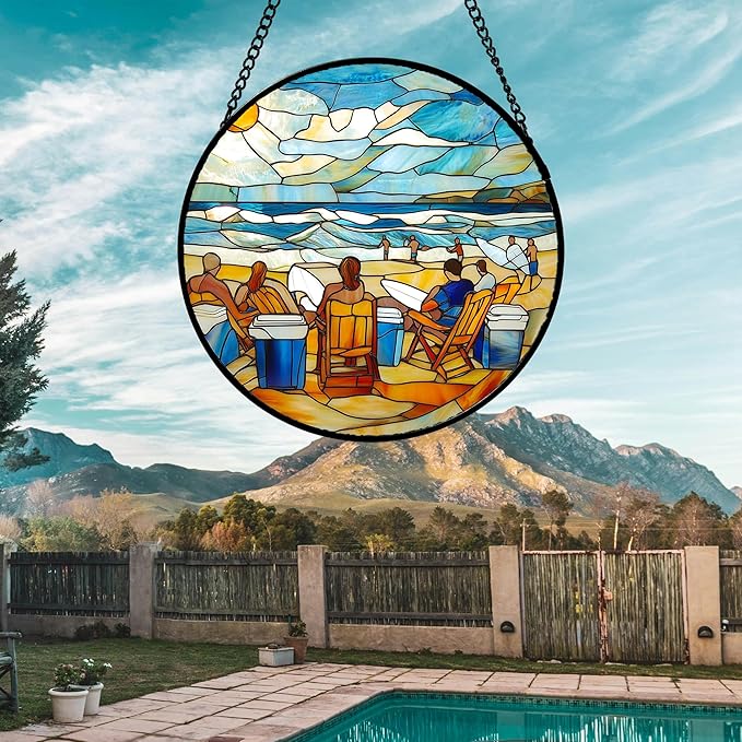 AMDERVEN Stained Glass Window Hanging 4 Pcs Set Blue Ocean Surfing Beach 7.8" - Suncatcher Door Garden Sun Catcher Decor Birthday Mother's Day for Firefighte Men Woman Nana Mom