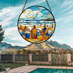 AMDERVEN Stained Glass Window Hanging 4 Pcs Set Blue Ocean Surfing Beach 7.8" - Suncatcher Door Garden Sun Catcher Decor Birthday Mother's Day for Firefighte Men Woman Nana Mom