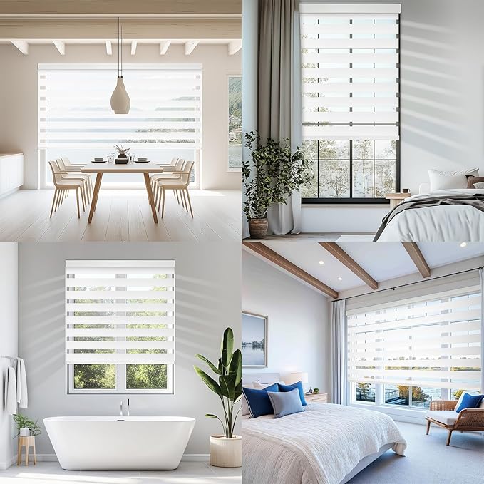 COOLWINDS Motorized Zebra Blinds for Windows Cordless Electric Curtains with Remote Control Blackout Shades Custom Smart Blinds Compatible with Alexa Google Home(Blackout White,W29 X 72in)