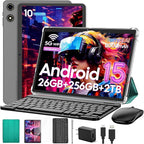 VisuPad 2026 Android 15 Tablet with Keyboard, 26GB+256GB+2TB Expand, 10 Inch 2 in 1 Tablet with Gemini AI, 8000mAh, 2.4G/5G WiFi, BT5.0, Widevine L1, Tablets Pc with Case, Mouse, Stylus (Green Case)