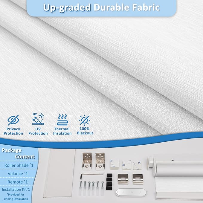 MANSNIX Smart Motorized Blinds with Remote, Cordless No-Drill Automatic Roller Shades, Blackout Electric Blind for Windows, White, 39 x 72
