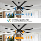 WINGBO 80 Inch Industrial Ceiling Fan without Light, 8 Aluminum Blades Ceiling Fan No Light, 6-Speed Reversible Noiseless DC Motor for Kitchen Bedroom Living Room, Matte Black