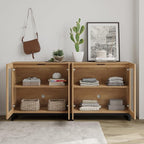 WAMPAT Modern TV Stand with Glass Doors for 32-70 inch TVs, Farmhouse Entertainment Center Media TV Console with Adjustable Shelves for Living Room, Bedroom, Oak