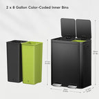 EKO Edison 8+8 Gallon Dual Trash Can for Recycling and Trash, Stainless Steel Kitchen Step Can with Dual Removable Inner Bucket, Independent Lids and Pedals, Black