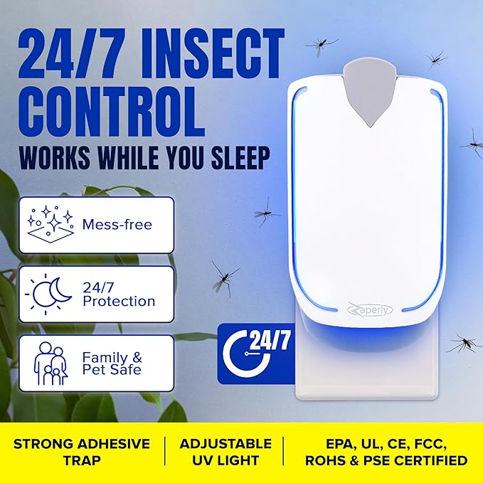 Zaperly 2 Fruit Fly Traps & 10 Adhesive Cartridges, Indoor Plug-in Bug Catcher, UV Light Fly Trap Captures Fruit Flies, Gnats, Houseflies, Moths, and Flying Insects for Kitchen, Bathroom, Plant Areas