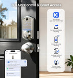 Veise VE017-K Fingerprint Smart Lock with 2 Knobs, App Control, Keyless Entry Front Door Lock with Handle Set, Electronic Digital Touchscreen Keypad Deadbolt, IP55 Waterproof, Auto-Lock, Satin Nickel