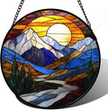 AMDERVEN Stained Glass Window Hanging, Yellow Blue Sunset Mountains Scenery Sun Catcher for Window Home Decor Landscape Suncatcher Mother's Day Birthday Gifts for Women Men Mom and Nana 6.3 in