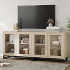 WAMPAT Modern TV Stand with Glass Doors for 32-70 inch TVs, 2 in 1 Entertainment Center Console with Adjustable Shelves for Living Room, Bedroom, Light Oak