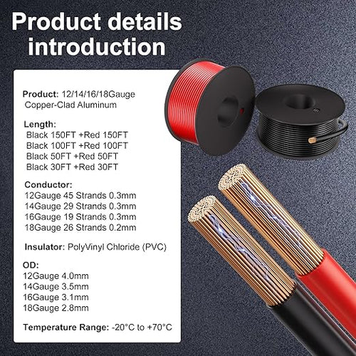 12 Gauge Electrical Wire 2 Pack Total 60ft-Black 30 ft and Red 30 ft Soft Flexible Copper-Clad Aluminum(CCA) 12 AWG PVC Wire for Lamp, Household Appliances RC Toys, Models, Auto, Electronics