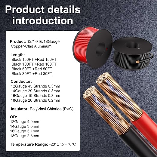 14 Gauge Electrical Wire 2 Pack Total 60ft-Black 30 ft and Red 30 ft Soft Flexible Copper-Clad Aluminum(CCA) 14 AWG PVC Wire for Lamp, Household Appliances RC Toys, Models, Auto, Electronics