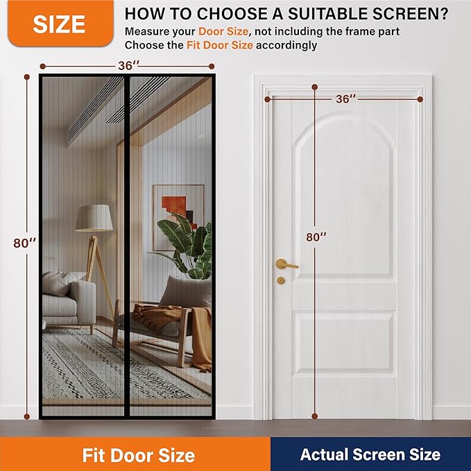 Magnetic Screen Door,Screen Door Mesh,Keep Bugs Out, Easy Install Works with Front Doors, Sliding Doors,Fit Door Size 72 x 80 Inches Black