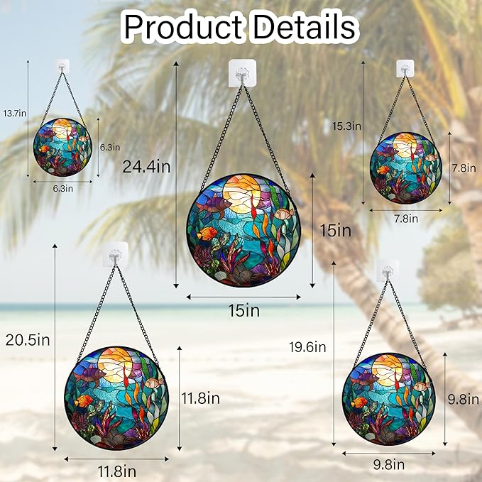 AMDERVEN Stained Glass Window Hanging - Blue Ocean World Small Fish Coral Sun Catcher for Door Garden Home Decor Sea Suncatcher Christmas Mother's Day Birthday Gifts for Women Men Mom Nana 15 in