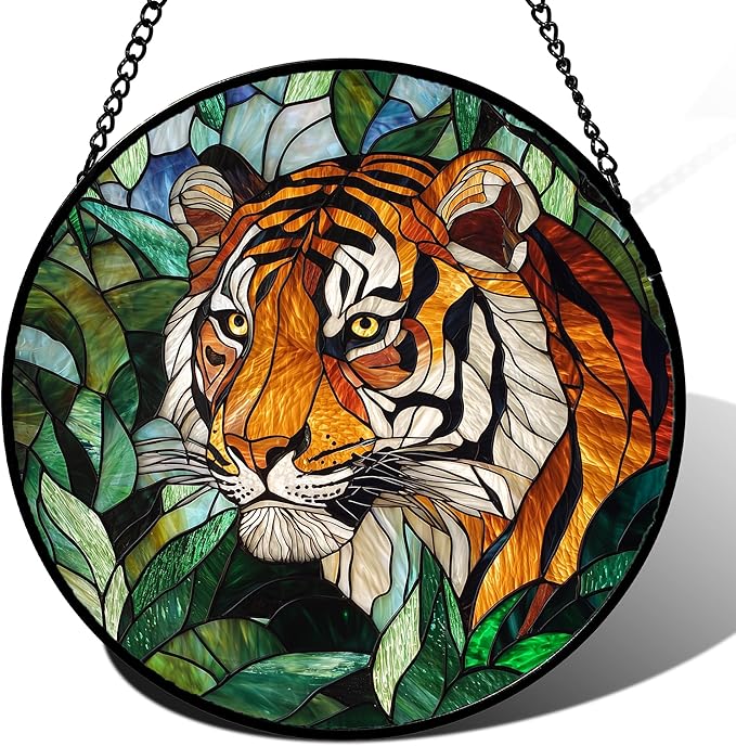 AMDERVEN Stained Glass Window Hanging, Fierce Tiger Sun Catcher for Door Home Decor Wild Animals Suncatcher Christmas Mother's Day Birthday Gifts for Women Men Mom and Nana 11.8 in