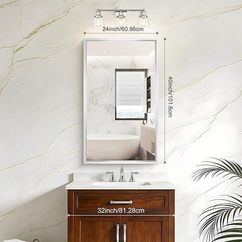 40x24 Silver Bathroom Mirror, Brushed Silver Rectangular Mirror for Wall, 0.6" Thickened Deep Frame Mirrors for Bathroom Sink, Shatterproof Tempered Glass, Antirust, Horizontally or Vertically