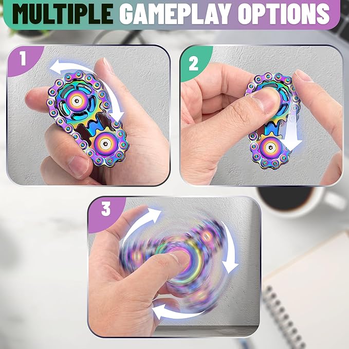 Valentines Day Gifts for Teens Boys Metal Fidget Spinner Toys for Adults Figette Bike Chain Roller Cool Gadgets ADHD Anxiety Stress Relief Items Figet Desk Offices EDC Men - Rainbow+Silver