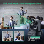 TONGVEO PTZ Camera AI Auto Tracking 12X Optical Zoom Conference Room Camera Wide View HDMI/USB3.0 60fps 1080P Video Conference for Church Worship Meeting Online Learn with Zoom YouTube OBS and More