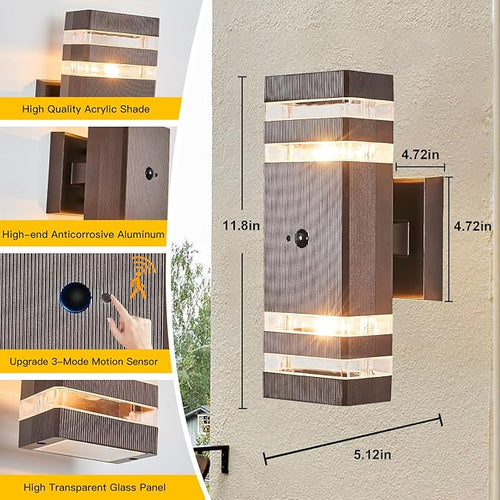 2 Pack Oil Rubbed Bronze Outdoor Wall Lights with 3-Mode Motion Sensor Up Down Porch Lights Modern Dusk Dawn Exterior Sconce Wall Mount Outside Coach Lantern for House(With 4 Dimmable Warm Bulbs)