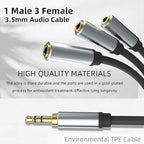 sovunis 3.5mm Stereo Audio Splitter Cable, Gold Plated 3.5mm (1/8") TRS 1 Male to 3 Female 3-Way Stereo Aux Splitter 1 Input 3 Output Stereo Audio Distributor Cable (3-Pole)