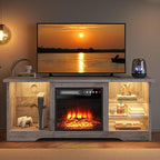 VITESSE 58 Inches Fireplace TV Stand for TVs up to 65 Inches Console with 18'' Electric Fireplace & Remote,Wooden Modern Entertainment Center for Living Room with LED Light Glass Shelves（Gray）