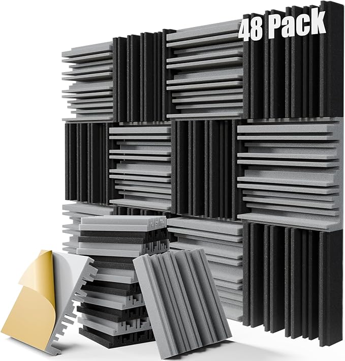 48 Pack Sound Proof Foam Panels,12" X 12" X 2" Self-adhesive Acoustic Panels with High Density,Decorative Soundproof Wall Panels Sound Absorbing Foam for Wall and Ceiling(Black+Gray)