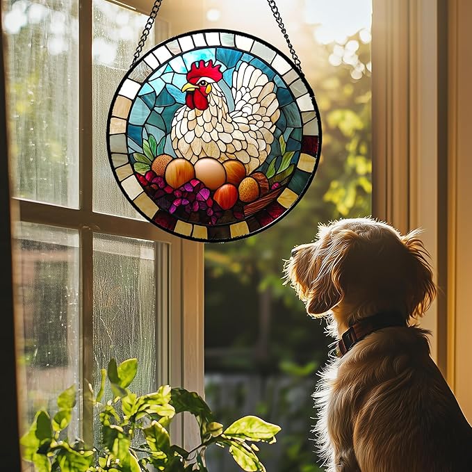 DASTOLL Stained Glass Window Hanging White Chicken Hatching Eggs 6.3" - Suncatcher Door Garden Sunroom Sun Catcher Home Decor Birthday Christmas for Mom Men Woman Nana