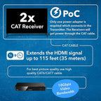OREI 1x2 HDMI Extender Splitter 4K by Multiple Over Single Cable CAT6/7 4K@60Hz 4:4:4 HDCP 2.2 with IR Remote EDID Management - Up to 115 Ft - Loop Out - Low Latency - Full Support