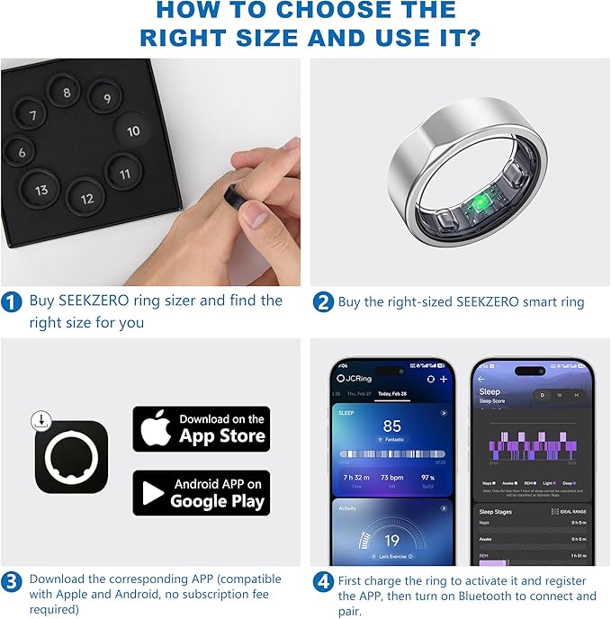 SEEKZERO Smart Ring-Size First Before You Buy, No APP Subscription,7-10 Days of Use,Sleep|Activity|Stress|Heart Rate|SPO₂ Tracker, Compatible with iOS and Android (Silver, 13)
