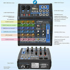 Pyle Professional 4 Channel Audio Mixer with Bluetooth - DJ Sound Board - USB Computer Input - Built-in MP3 Player - 48V Phantom Power - 3 Band EQ - 16-Bit DSP FX - Band, Studio Ready - PMXU43BT