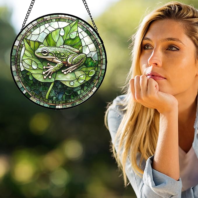 CRISGIF Stained Glass Window Hanging - Cute Frog Suncatcher for Doors Garden Patio Green Leaves Sun Catchers Decor Christmas Mother's Day Birthday Gifts for Women Men Mom Nana Boy Friend 11.8 in