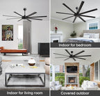 WINGBO 80 Inch Industrial Ceiling Fan without Light, 8 Aluminum Blades Ceiling Fan No Light, 6-Speed Reversible Noiseless DC Motor for Kitchen Bedroom Living Room, Matte Black