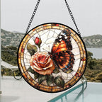 DASTOLL Stained Glass Window Hanging, Butterfly Picking Flowers Suncatcher for Doors Home Sun Catchers Decoration and Christmas, Mother's Day Birthday Gifts for Women, Men, and Mom 14.9x14.9 in