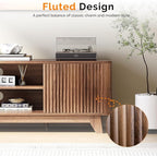 VINGLI 58.6" TV Stand up for 70 Inch TV, Mid Century Entertainment Center with Fluted Sliding Doors and Open Storage, Elegant Media Consoles for Living Room, Walnut