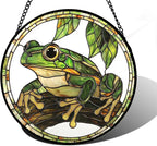 DASTOLL Stained Glass Window Hanging, Frog Green Leaf Sun Catchers Colorful Glass Panel Cool Suncatcher Decor for Birthday for Women, Men, Wife, Aunt, and Mom 9.8 in